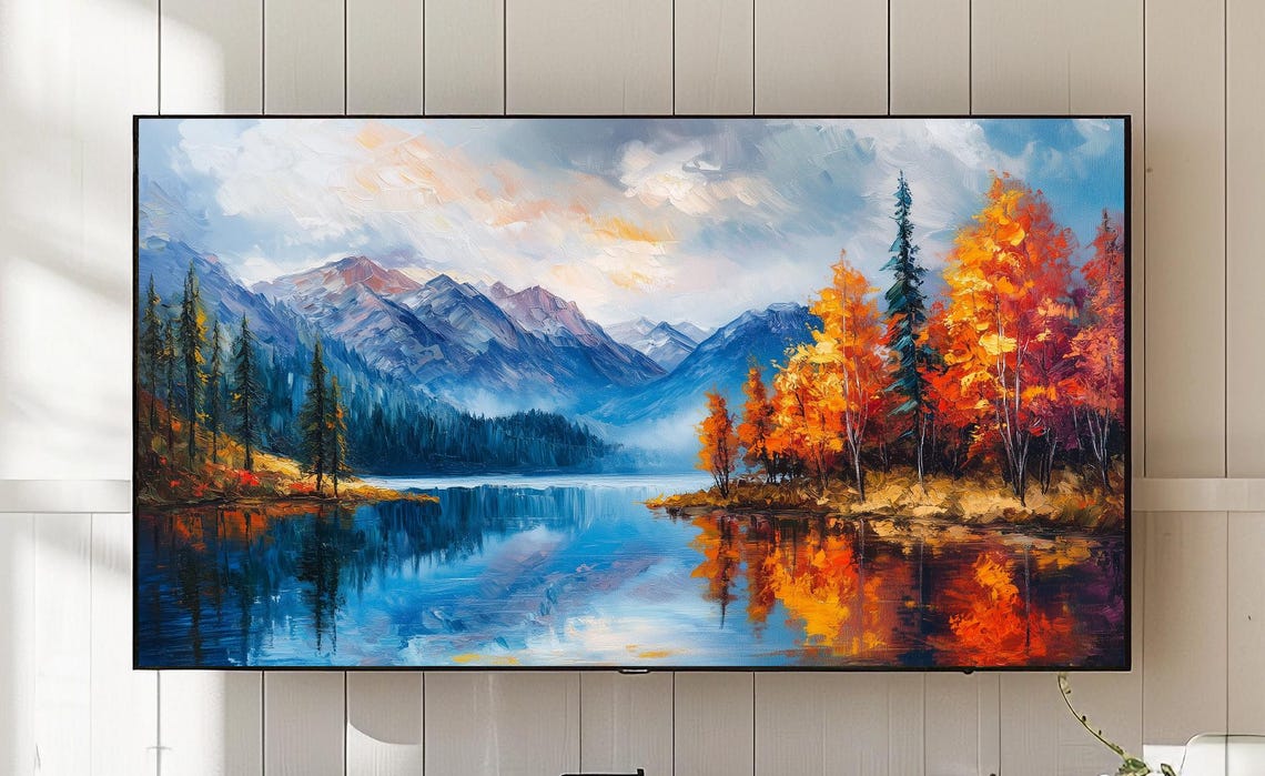 Autumn Mountain Lake Mirror Reflection Fall Oil Painting Art Poster