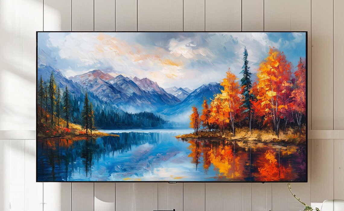 Autumn Mountain Lake Scene Frame Tv Art Rustic Fall Decor
