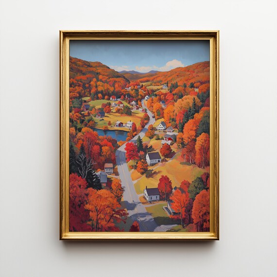 Vermont Autumn Landscape Painting Aerial Fall Foliage View Wall Art 214