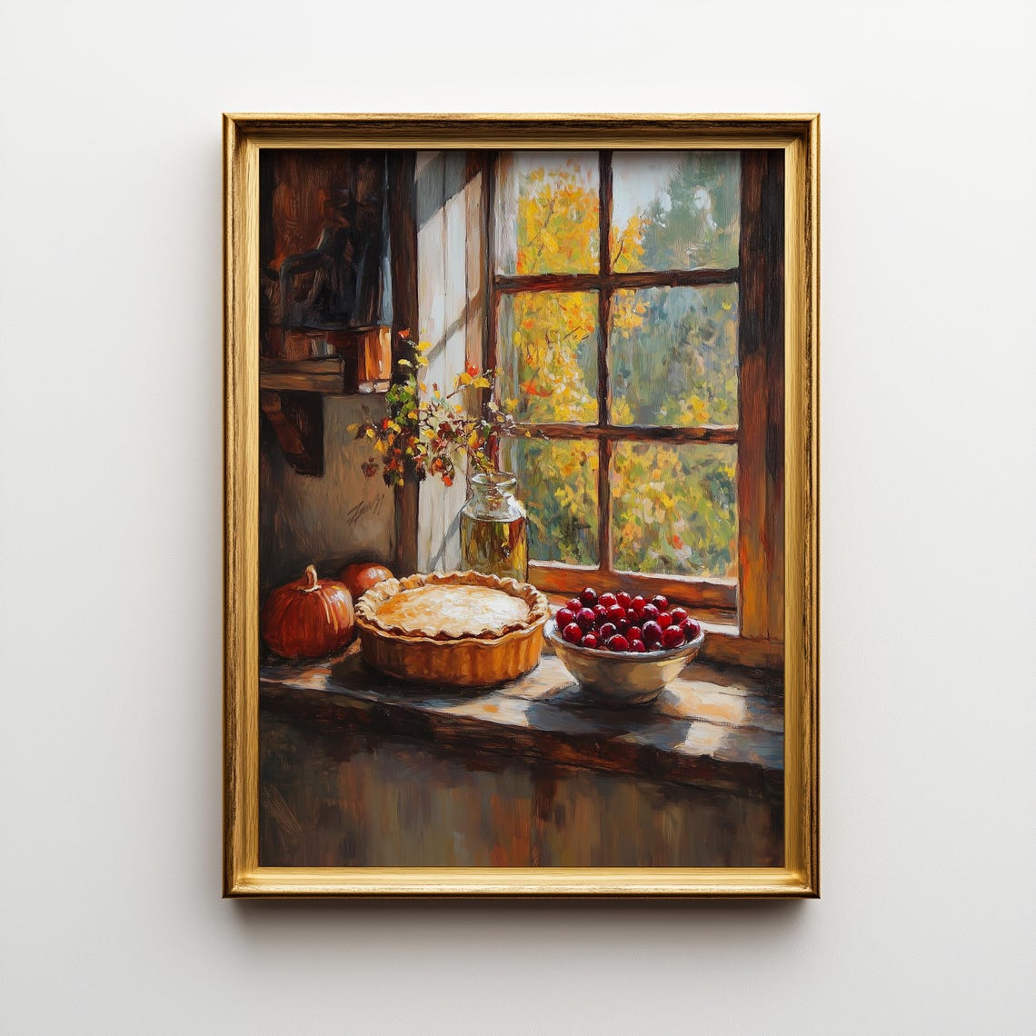Autumn Kitchen Window Pie Cranberry Bowl Rustic Farmhouse Art Poster