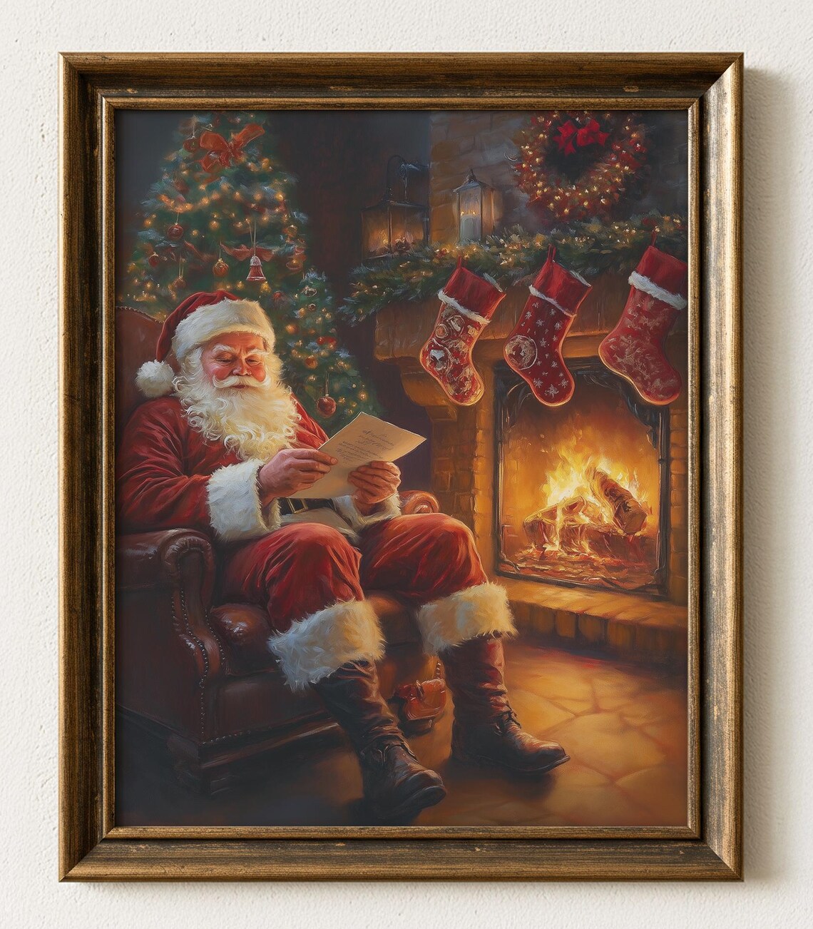 Santa Claus Fireplace Print Vintage Christmas Wall Art 617