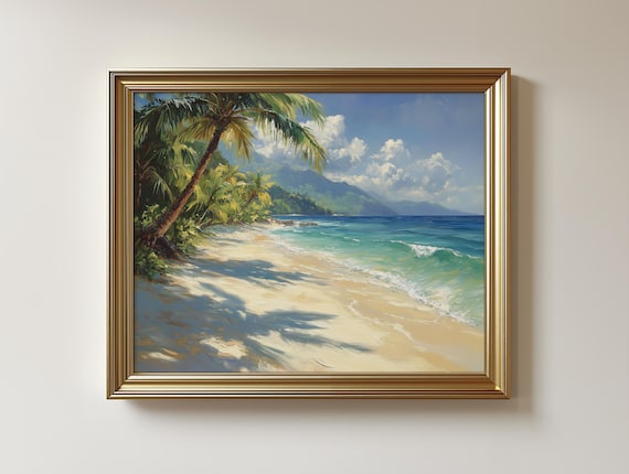 Turquoise Beach Oil Painting Tropical Palm Tree Shore Poster