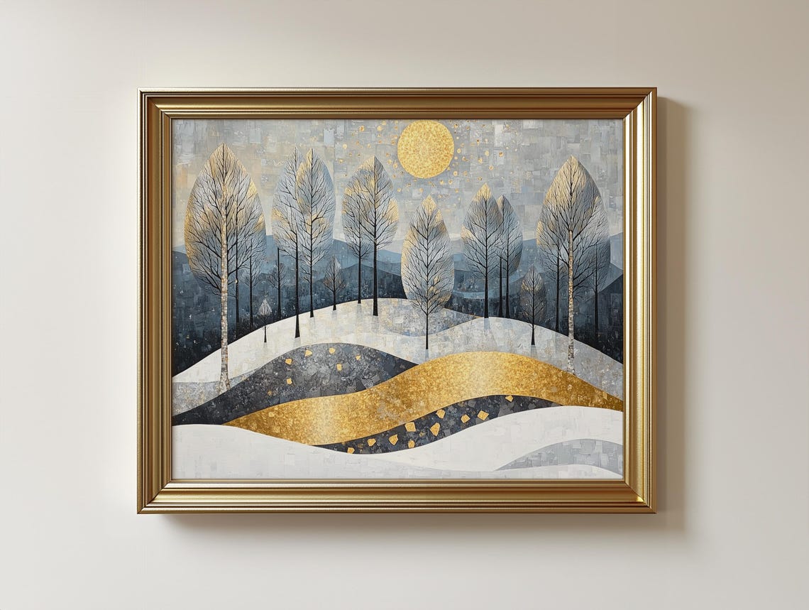 Winter Landscape Art Print Snowy Hillside Gold Moon 257