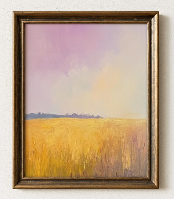 Golden Wheat Field Pink Sky Impressionist Farm Landscape Poster