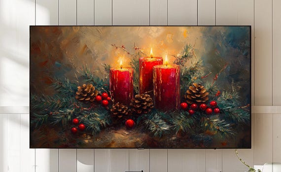 Christmas Candle Tv Art Rustic Evergreen Holiday Decor 816