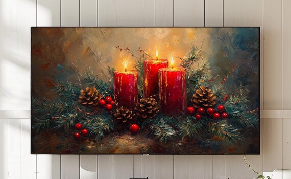 Red Christmas Candles Pinecones and Holly Berries Art Poster