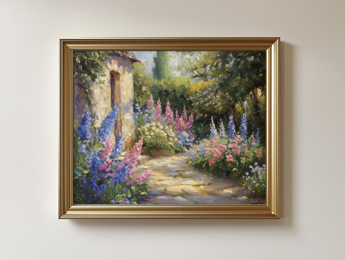 Sunlit Cottage Garden with Pink and Blue Delphiniums Painting Poster