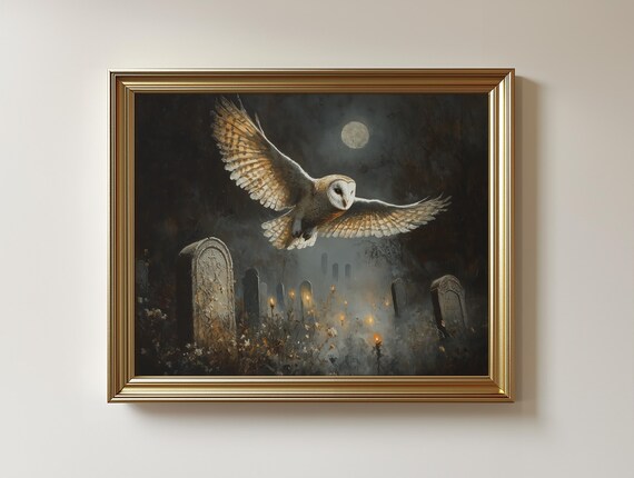 Spooky Barn Owl Vintage Moonlit Scene Art Print