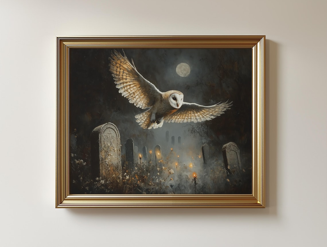Spooky Barn Owl Vintage Moonlit Scene Art Print