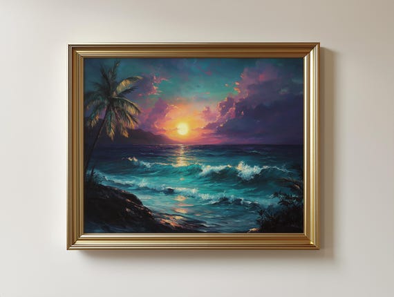Tropical Sunset Beach Print Turquoise Ocean Waves Palm Tree Art 452