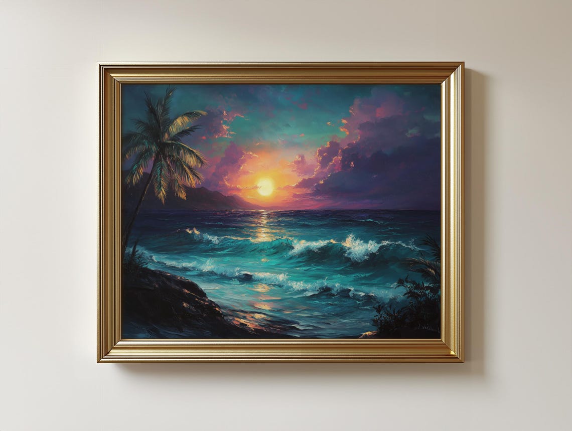 Dramatic Tropical Sunset Palm Tree Ocean Waves Storm Cloud Poster