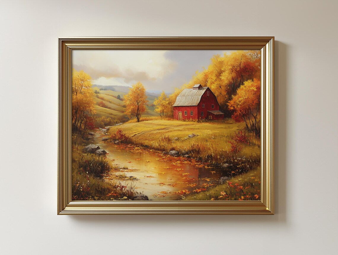 Rustic Autumn Landscape Print Vintage Farmhouse Cottage 442