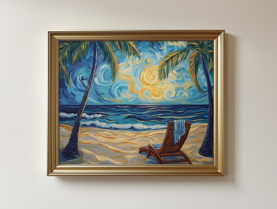 Beach Sunset Lounge Chair Print Coastal Landscape Painting 336