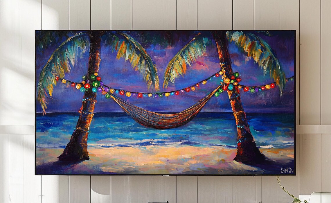 Tropical Beach Hammock Between Palms String Lights Dusk Ocean Art Poster