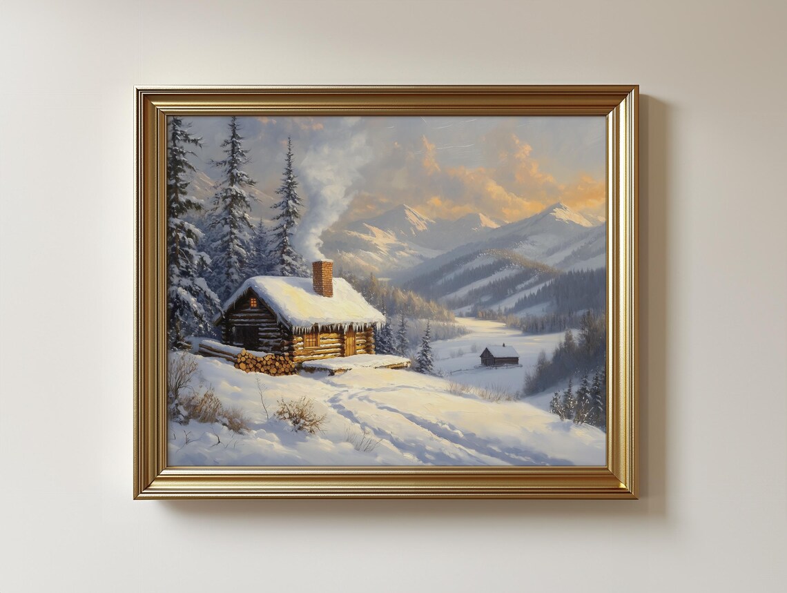 Winter Cabin In Snowy Hills Art Print Rustic Cottage Landscape