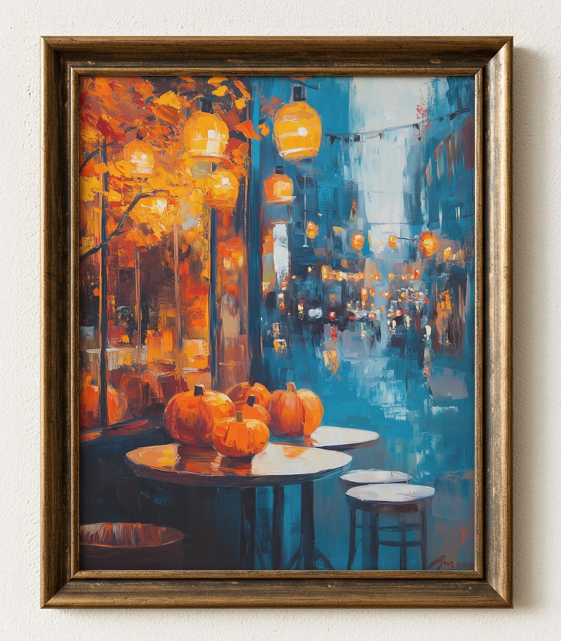 Moody City Cafe Pumpkins Rainy Night Lantern Cozy Glow Poster