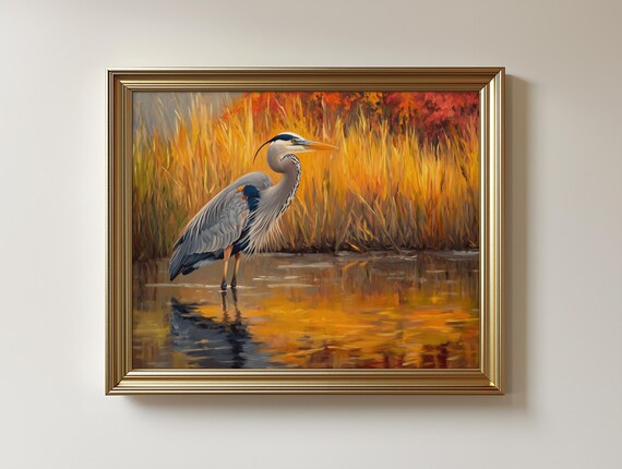 Rustic Heron in Golden Marsh Autumn Landscape