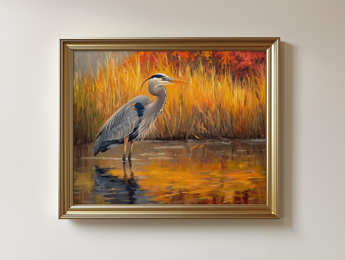 Rustic Heron in Golden Marsh Autumn Landscape
