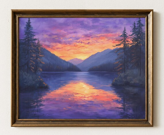 Dramatic Violet Sunset Over Mountain Lake Pines Painting Poster