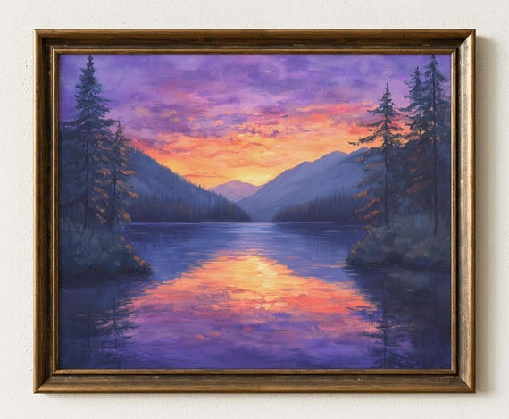 Mountain Lake Sunset Print Rustic Winter Landscape 592