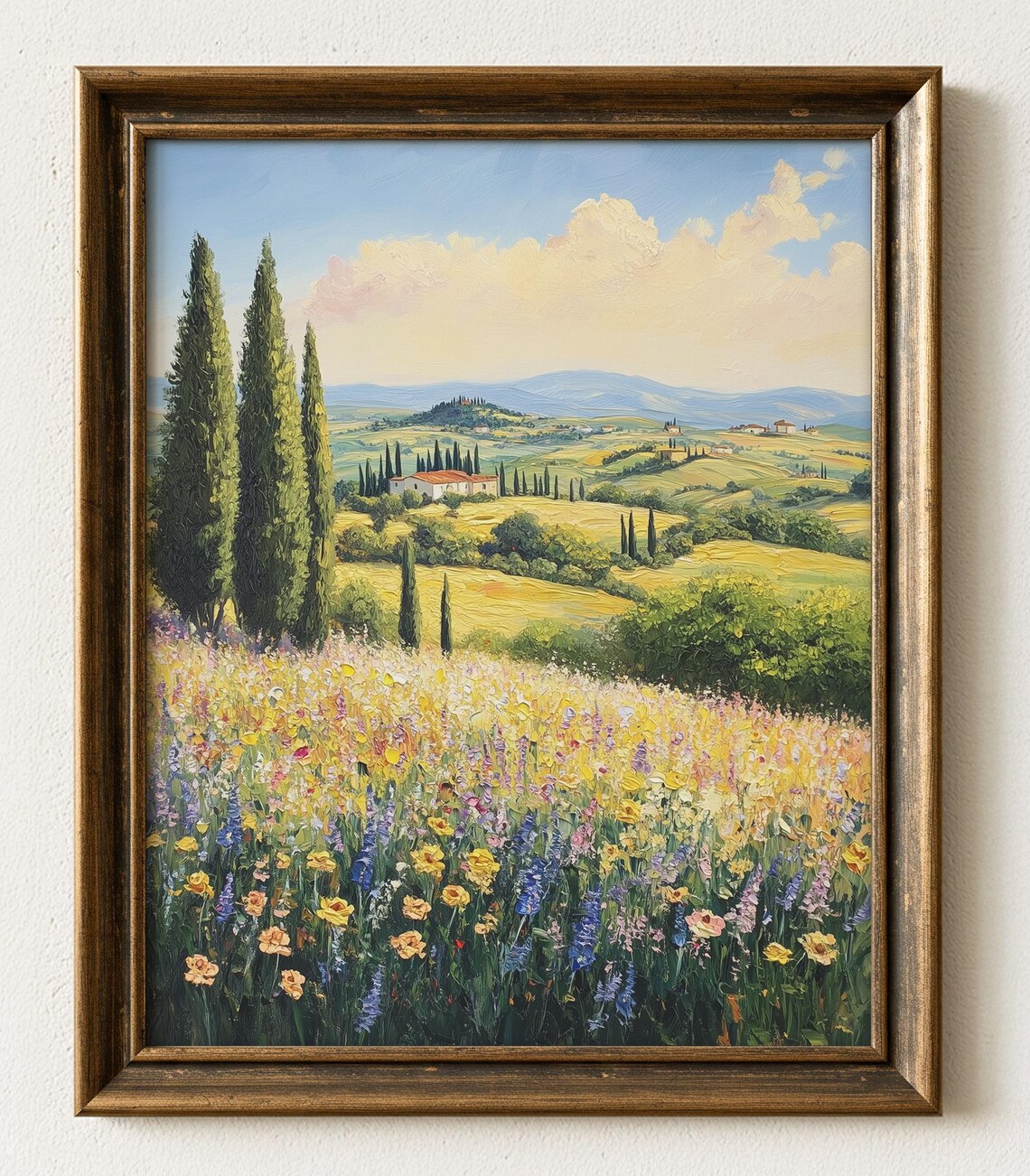 Tuscany Landscape Painting Vintage Rolling Hills Wildflowers Print 835