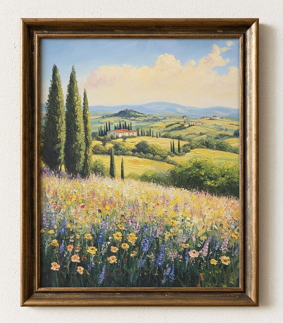 Tuscany Landscape Painting Vintage Rolling Hills Wildflowers Print 835