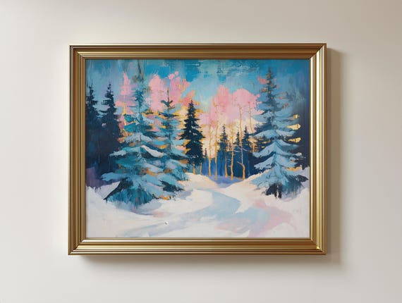 Winter Forest Landscape Painting Vintage Snowy Pines Art Oil 234