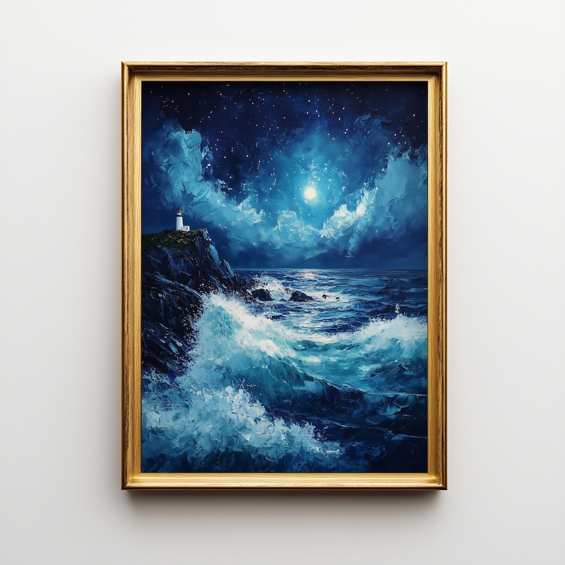 Starry Night Maine Coast, Moody Rustic Coastal Art