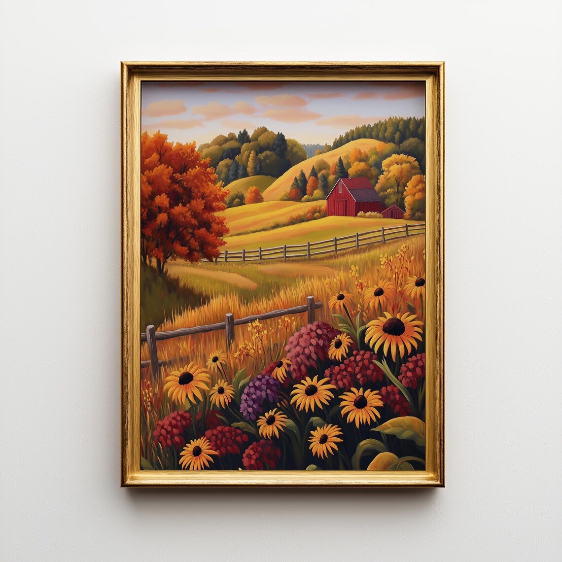 Autumn Sunflower Field Landscape, Rustic Farmhouse Decor