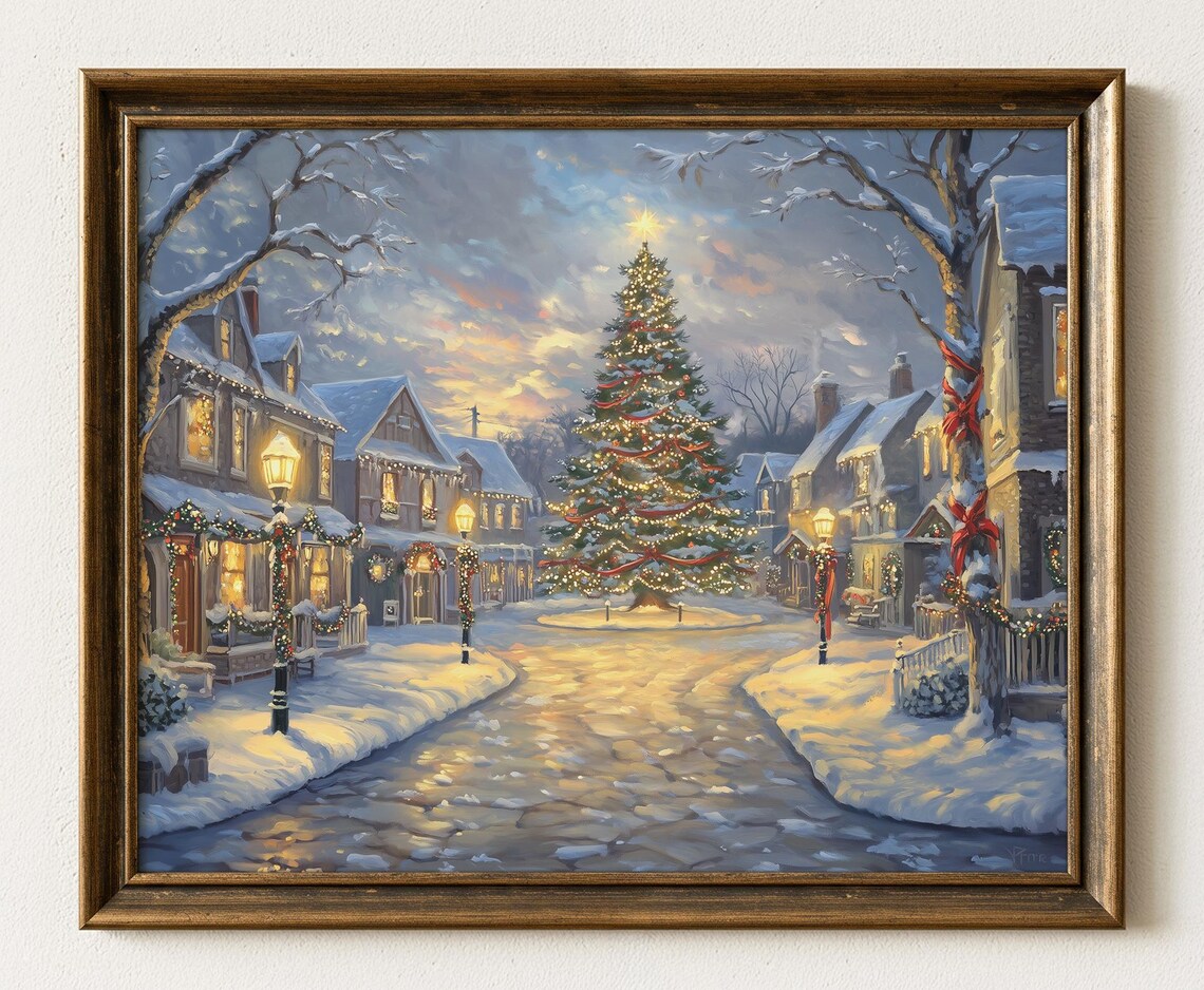 Cozy Winter Christmas Village Snowy Street Holiday Art Print