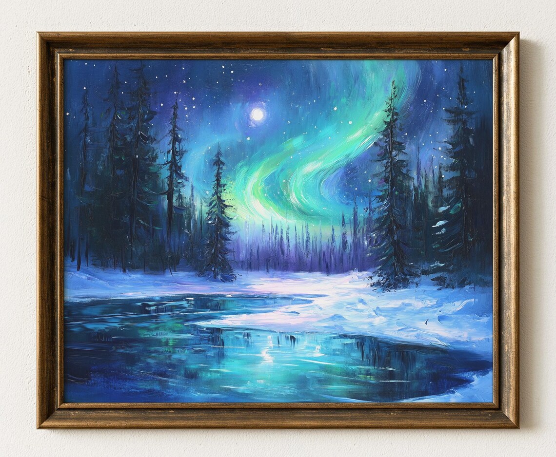 Winter Aurora Borealis Art Print, Snowy Forest Scene