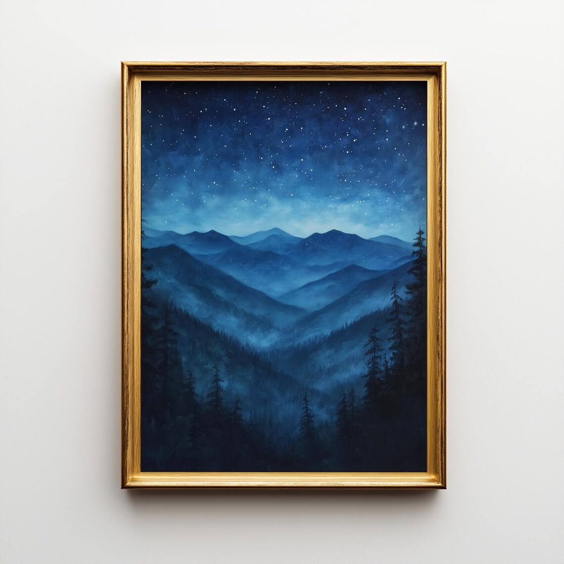 Starry Night Smoky Mountains Moody Blue Night Peaks Landscape Art Print