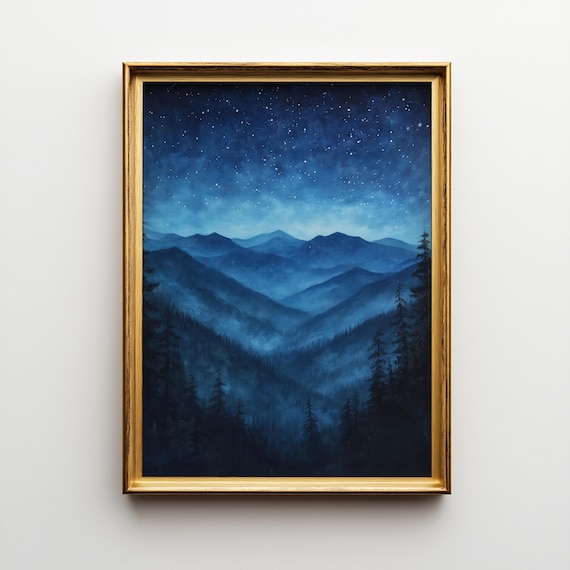 Starry Night Smoky Mountains Moody Blue Night Peaks Landscape Art Print