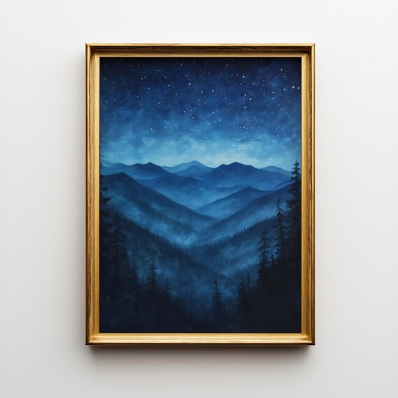 Starry Night Smoky Mountains Print Moody Blue Landscape Art 485
