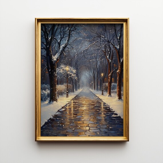 Snowy Cobblestone Lane Night Glowing Lampposts Winter Street Art Poster