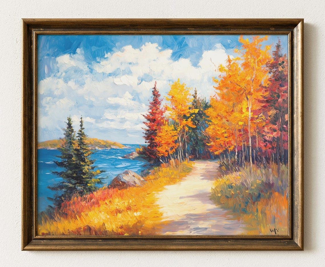 Autumn Lakeside Trail Golden Foliage Rustic Fall Landscape Print