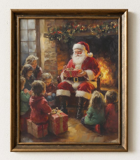 Vintage Santa Claus Fireplace Scene Christmas Holiday Art 890