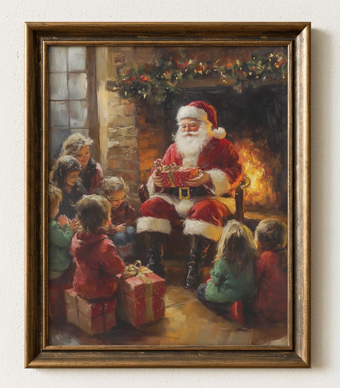 Vintage Santa Claus Fireplace Scene Christmas Holiday Art 890