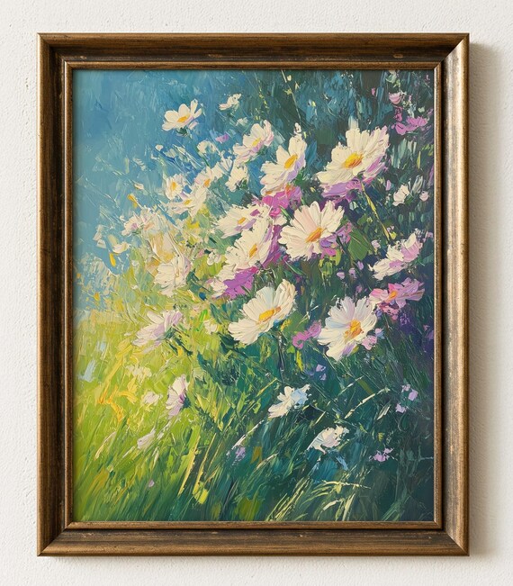 Wild Meadow Daisy Flowers Oil Painting Cheerful Spring Art Print