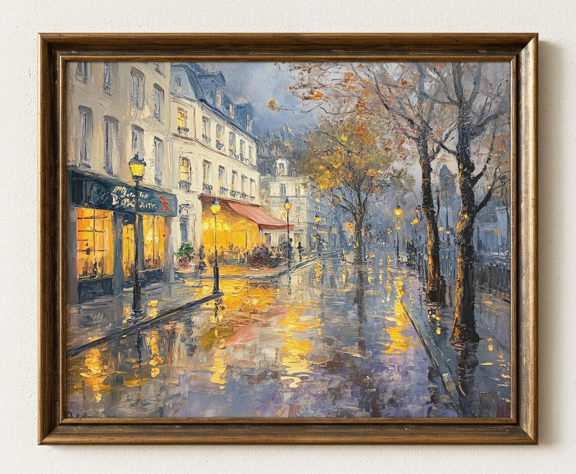 Autumn Town Square Oil Painting Rustic Rain Scene 596
