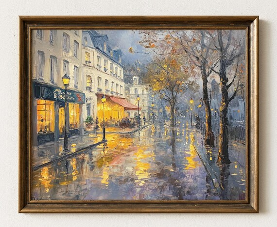 Autumn Town Square Oil Painting Rustic Rain Scene 596
