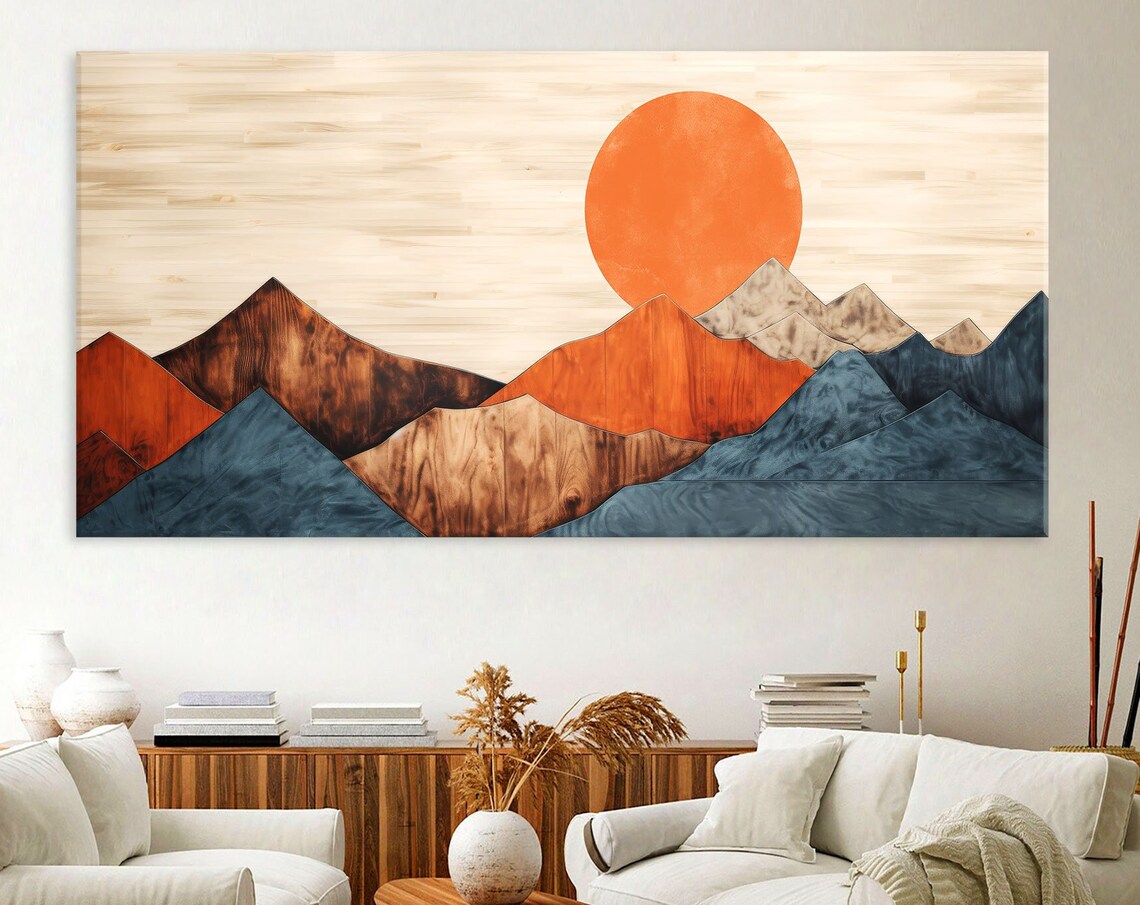 Wood Panel Mountain Silhouette Orange Sun Teal Peaks Art Poster