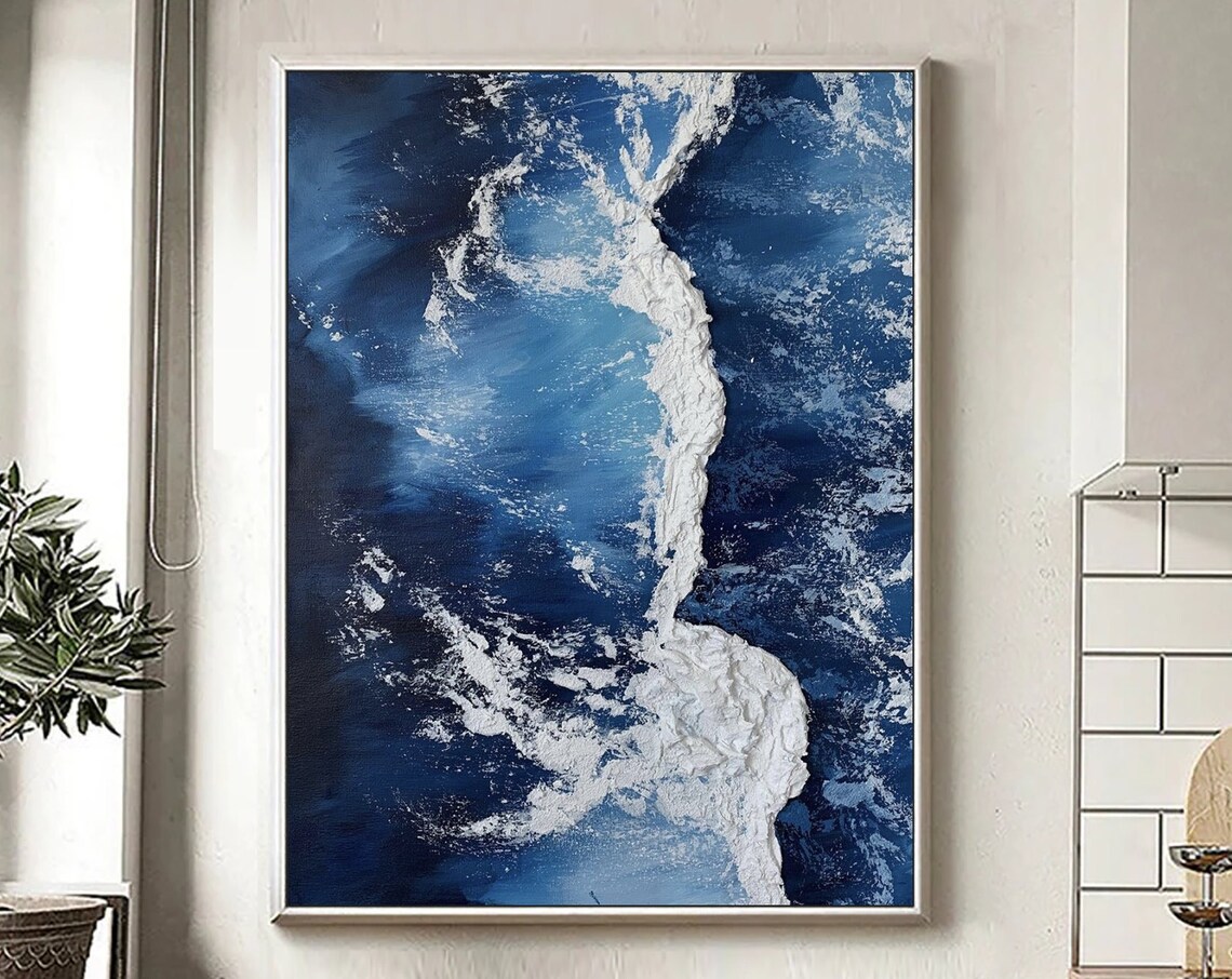 Aerial Blue Ocean White Surf Ridge Textured Abstract Neutral Poster