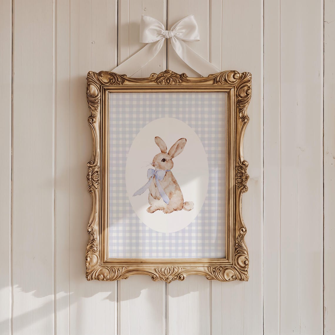 Cute Blue Gingham Bunny With Ribbon Watercolor Nursery Art Print - Image 4