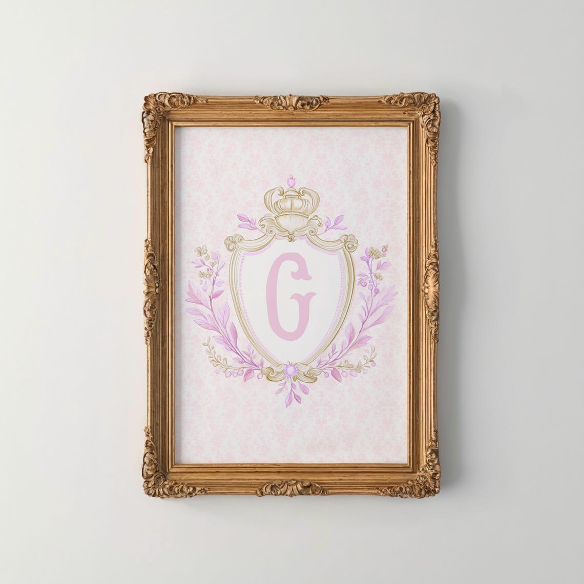 Pink Letter G Initial Monogram Crown Crest Floral Nursery Art Print