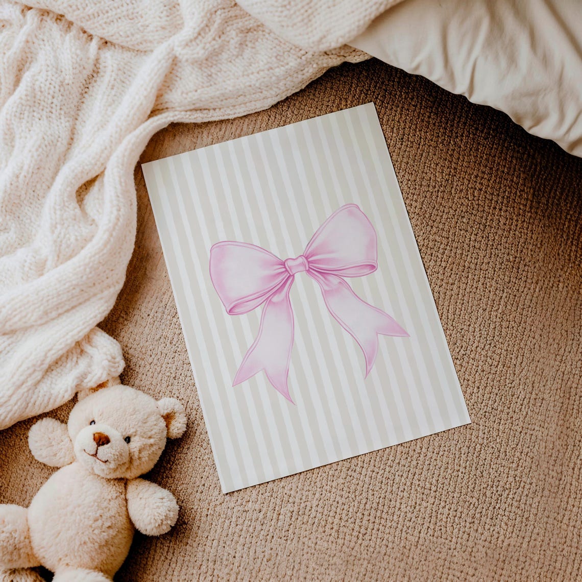Elegant Pink Satin Bow Cream Striped Coquette Girly Art Print - Image 3