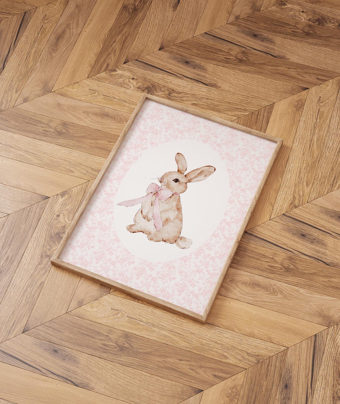 Sweet Delicate Watercolor Bunny Floral Pink Bow Nursery Art Print - Image 3