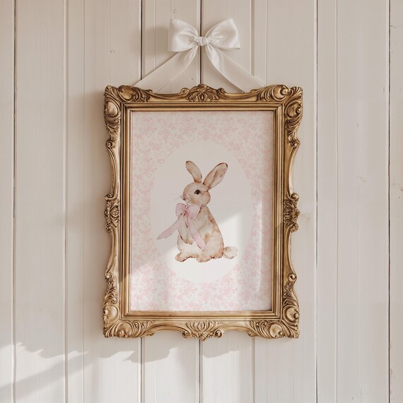 Sweet Delicate Watercolor Bunny Floral Pink Bow Nursery Art Print