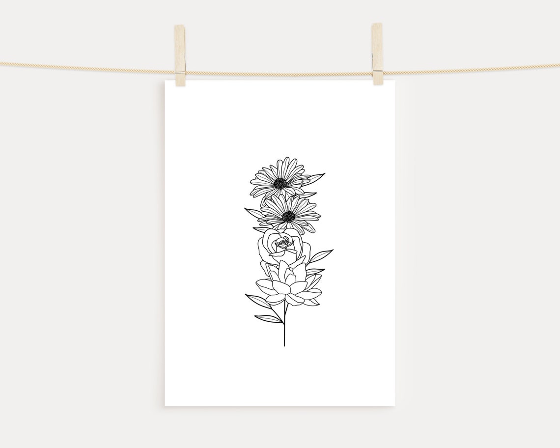 Custom Birth Flower Bouquet Poster Vertical Black Line Floral Art - Image 2