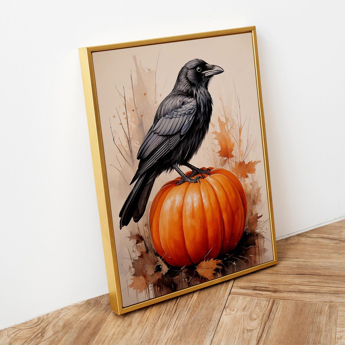 Black Crow on Orange Pumpkin Autumn Harvest Scene Painting Poster - Image 2